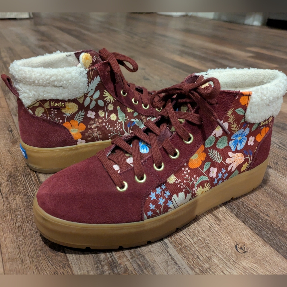 Keds Rifle Paper Co Tahoe Suede Burgandy Floral High Top Sneakers Sz 7.5